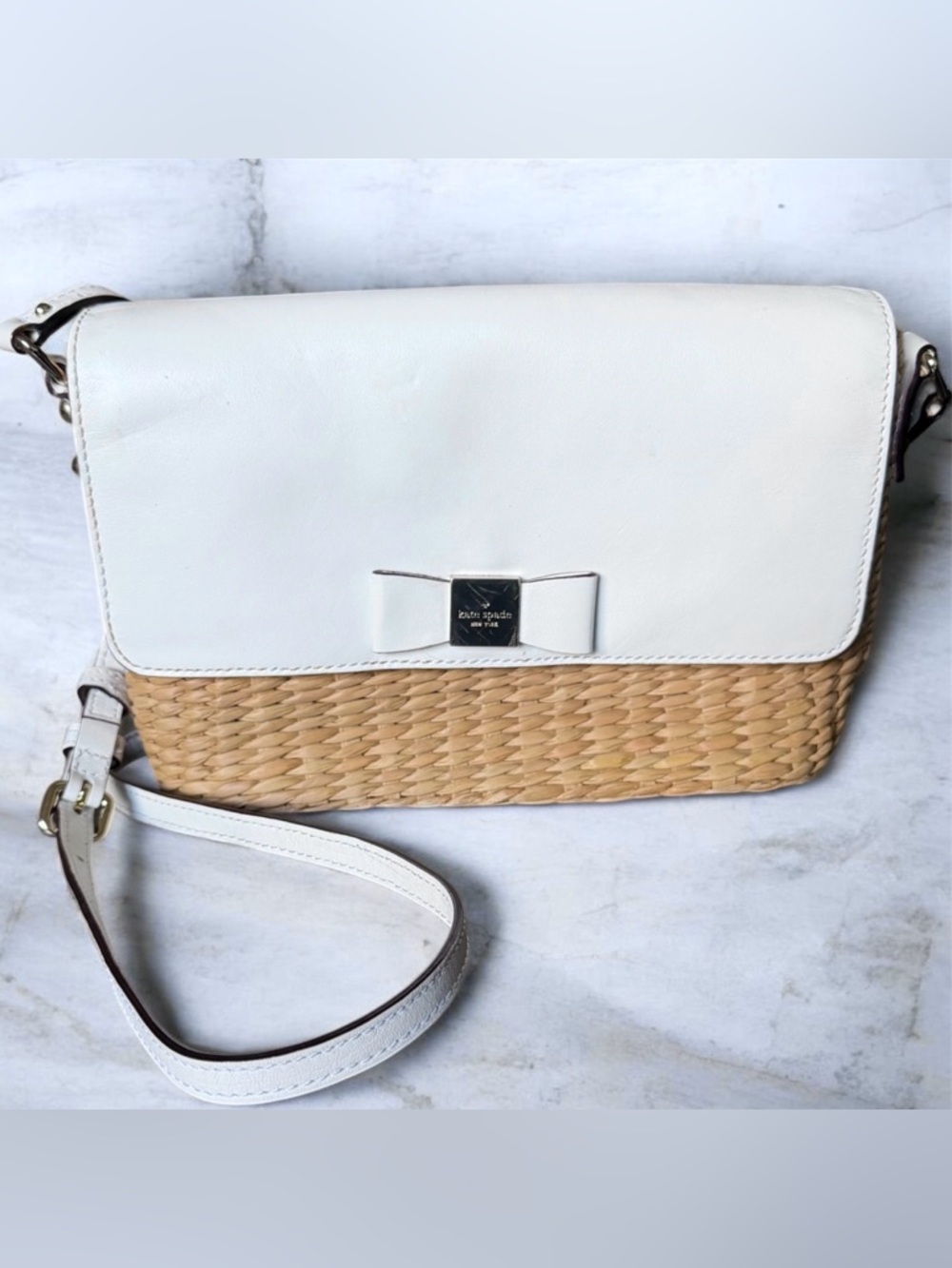 Kate Spade Woven Basket Straw Basket Crossbody Bag with White Leather Flap